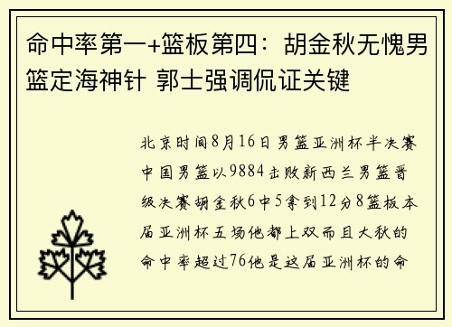 命中率第一+篮板第四：胡金秋无愧男篮定海神针 郭士强调侃证关键