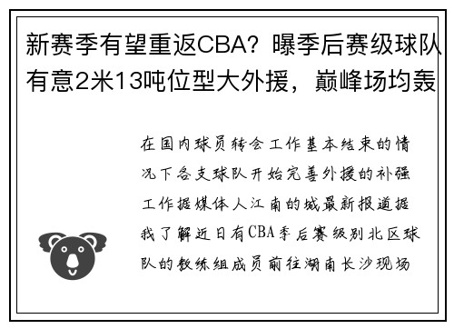 新赛季有望重返CBA？曝季后赛级球队有意2米13吨位型大外援，巅峰场均轰24+15